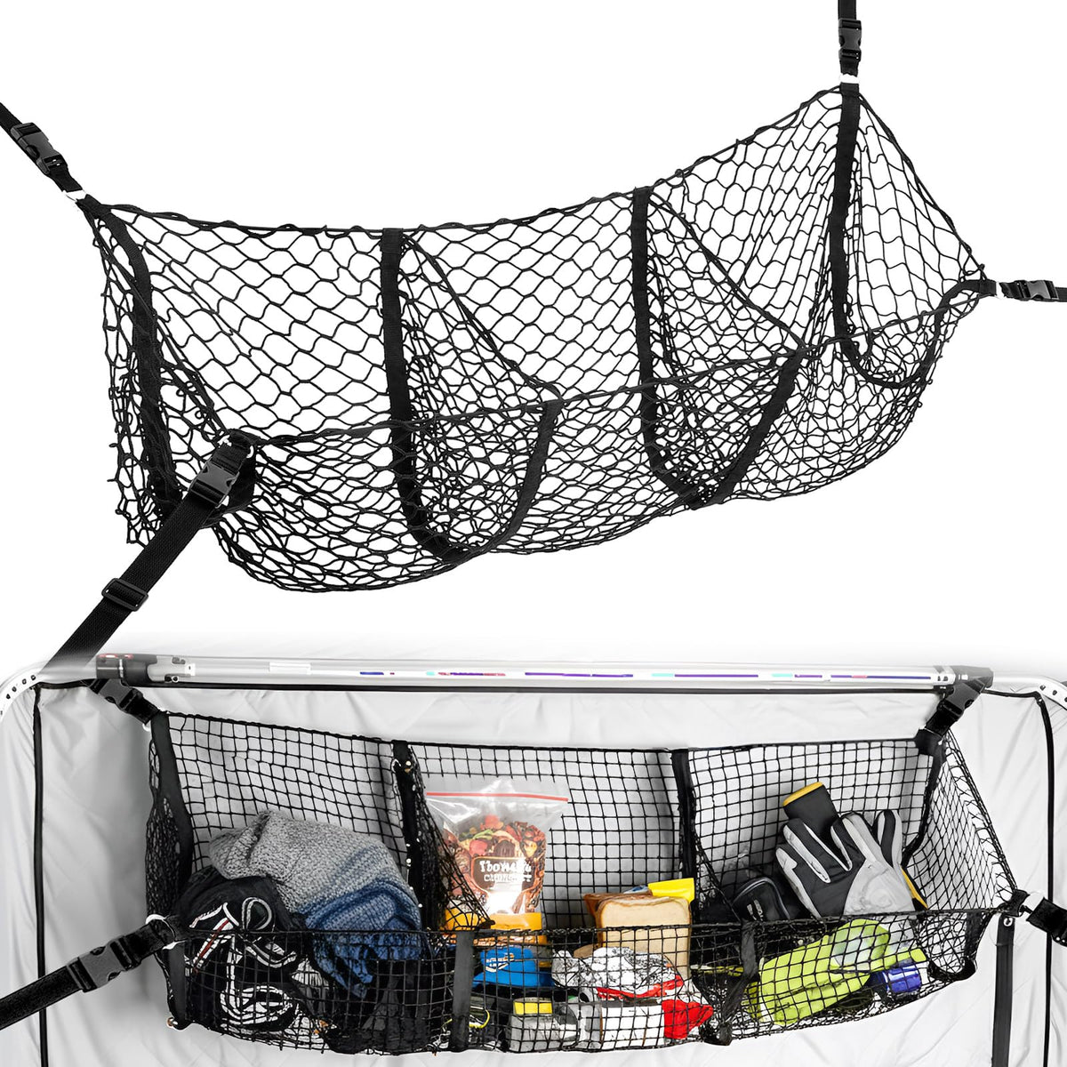 Wesnoy ice fishing tent cargo net mounted above tent with three pockets