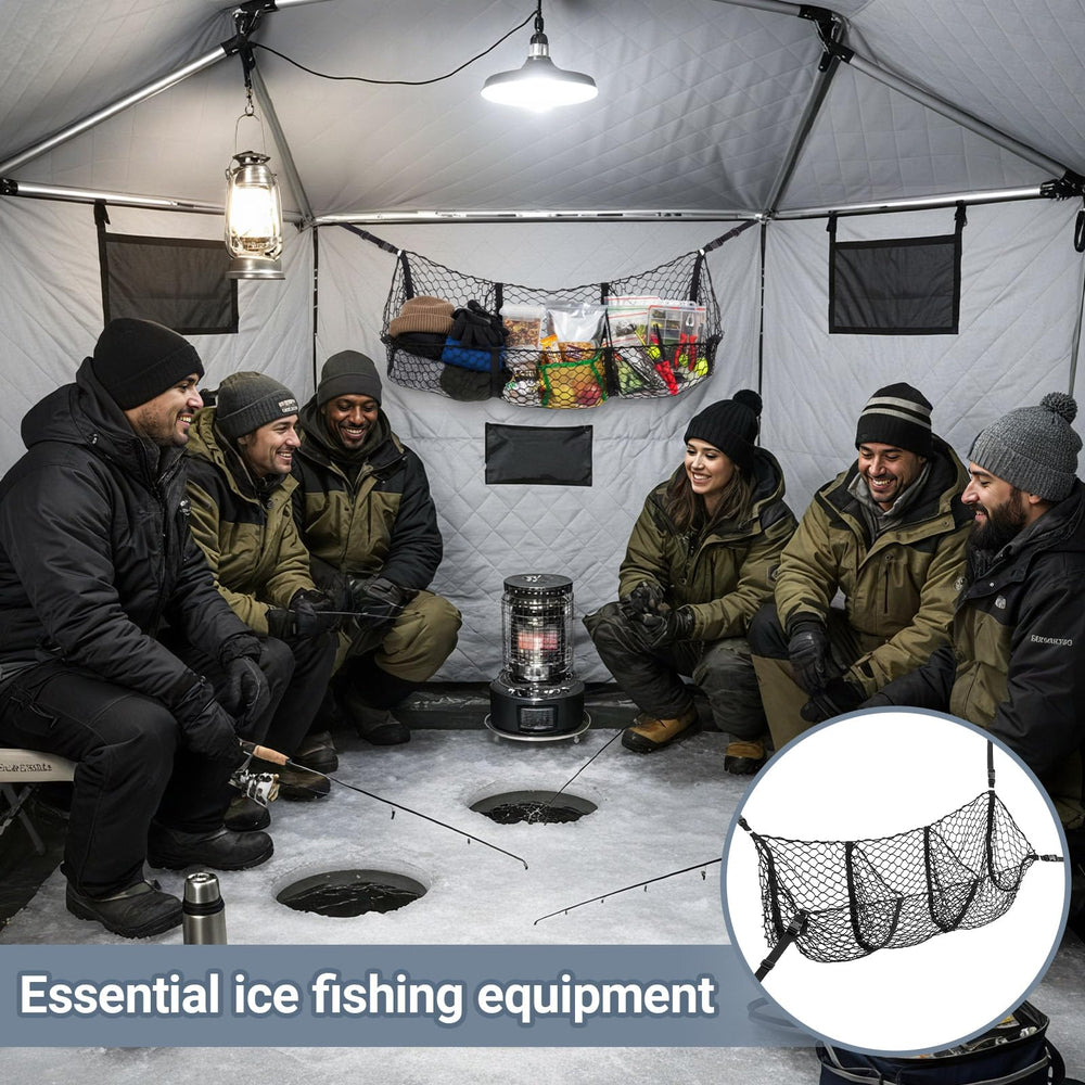 Expandable storage net in black nylon for ice shelter