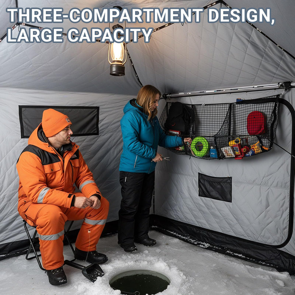 All items neatly stored in Wesnoy cargo net for ice fishing