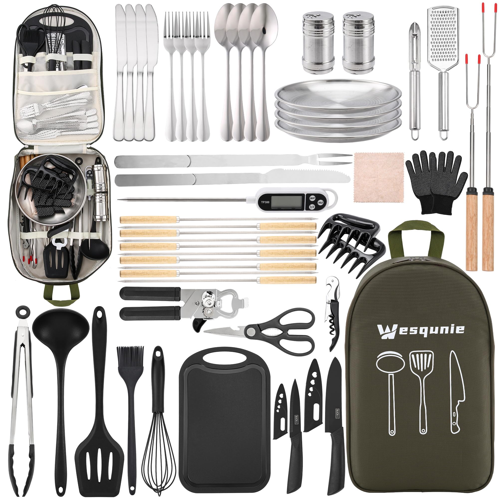 Wesqunie camping cookware utensils set with tongs for easy outdoor meal prep