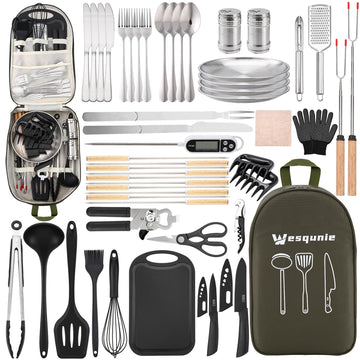 Wesqunie camping cookware utensils set with tongs for easy outdoor meal prep
