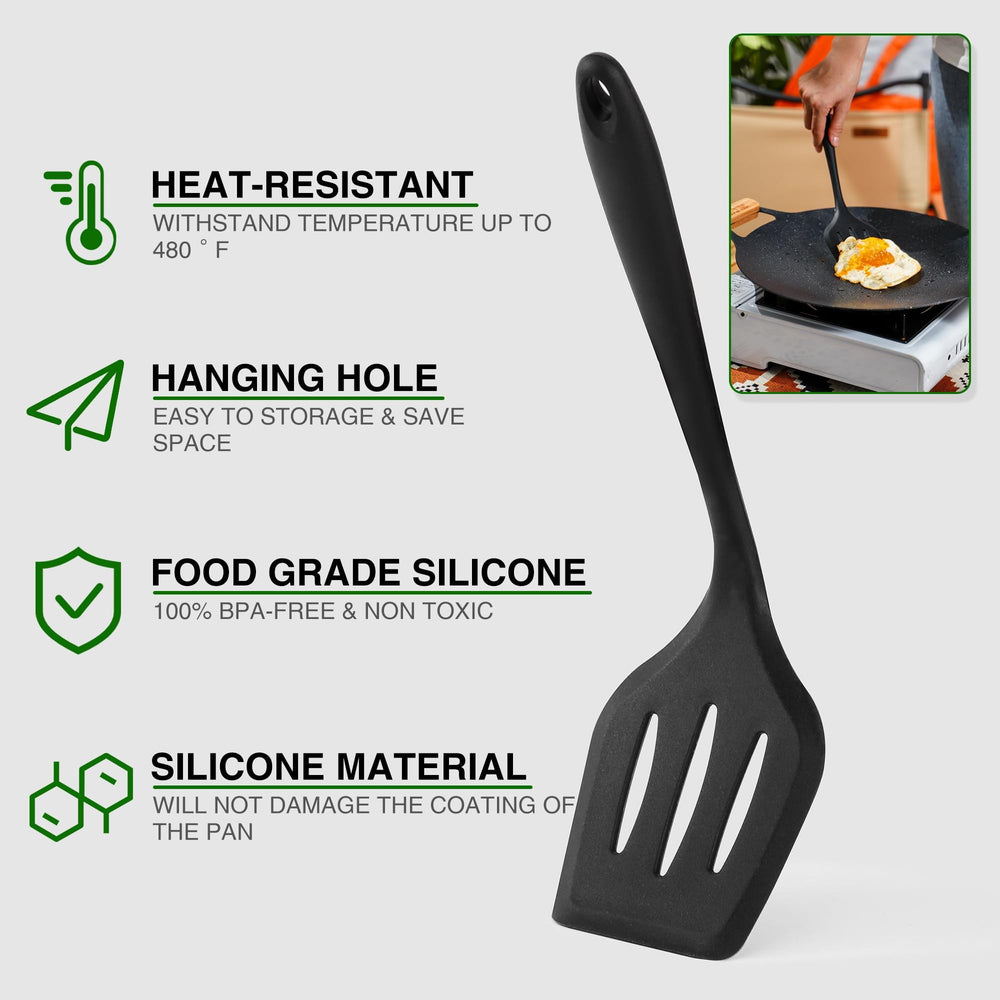Wesqunie spatula with silicone shield protecting cookware during cooking