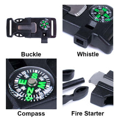 West Coast Paracord buckle highlights flint scraper, compass, and fire starter for quick field prep.