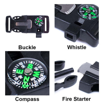 West Coast Paracord survival buckle includes flint scraper for spark-based fire starting.