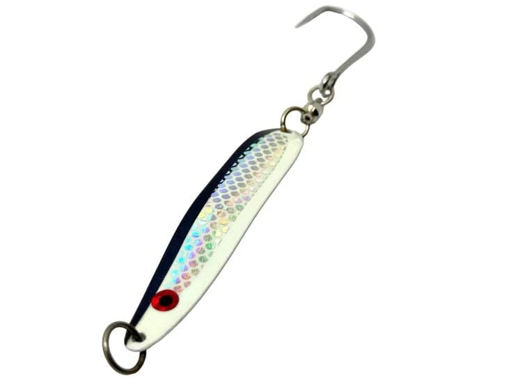 West Coast Tackle Little PHAT-E 3.5 black and blue spoon glows and shines underwater