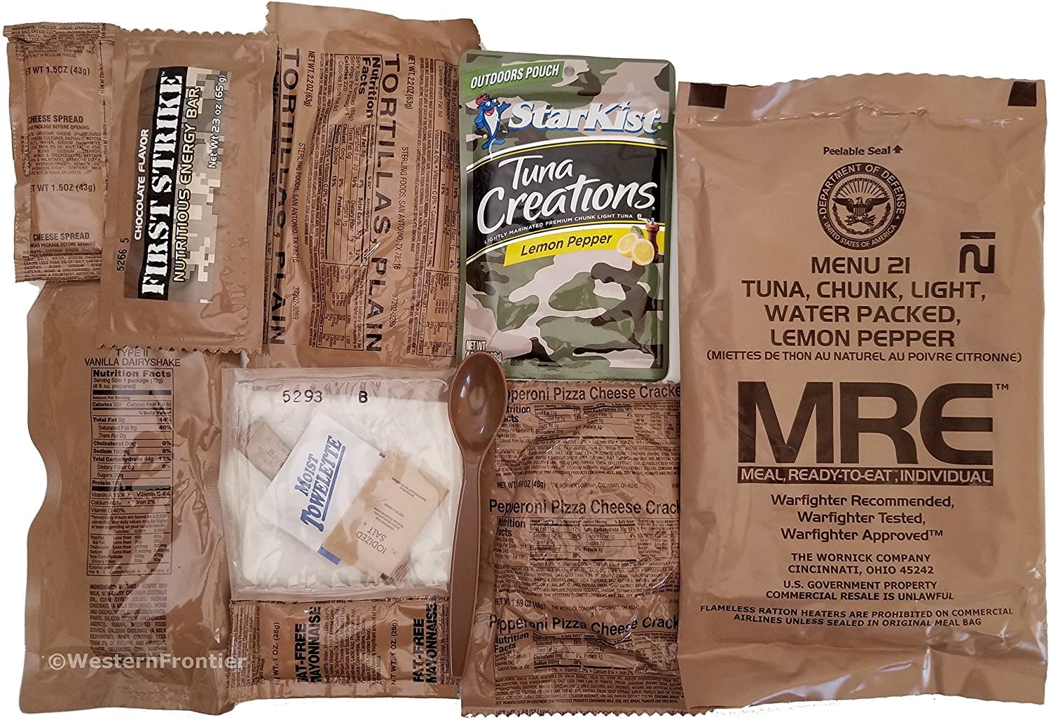 Western Frontier MRE entrees variety showcases Asian, Mexican, and Italian options.