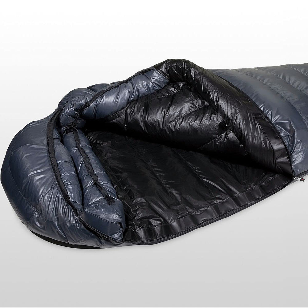 Western Mountaineering Kodiak LZ Microfiber full down collar keeps neck warm.
