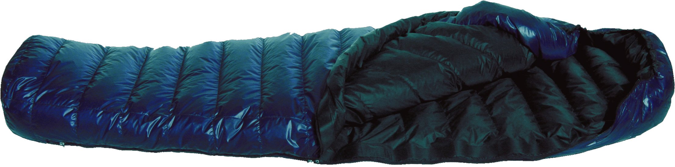 Western Mountaineering MegaLite 30°F bag in navy blue, roomy shoulder girth for comfort.