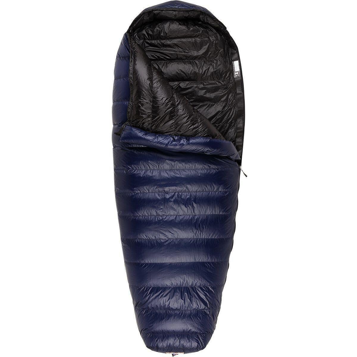 Western Mountaineering TerraLite 25°F navy shell shows rugged, water-resistant fabric for dependable cool nights.