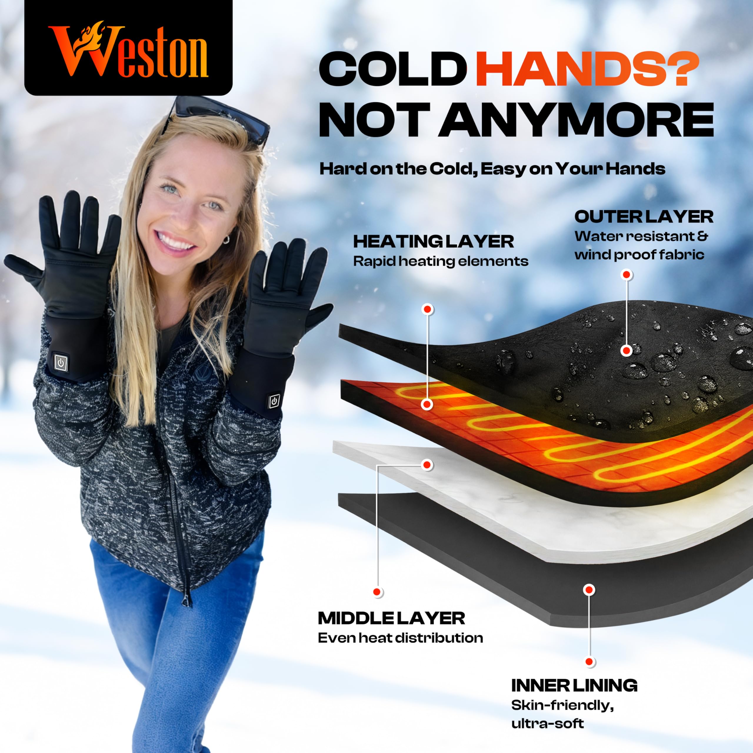 Weston heated glove liners heat setting control and touchscreen-ready fingertips.