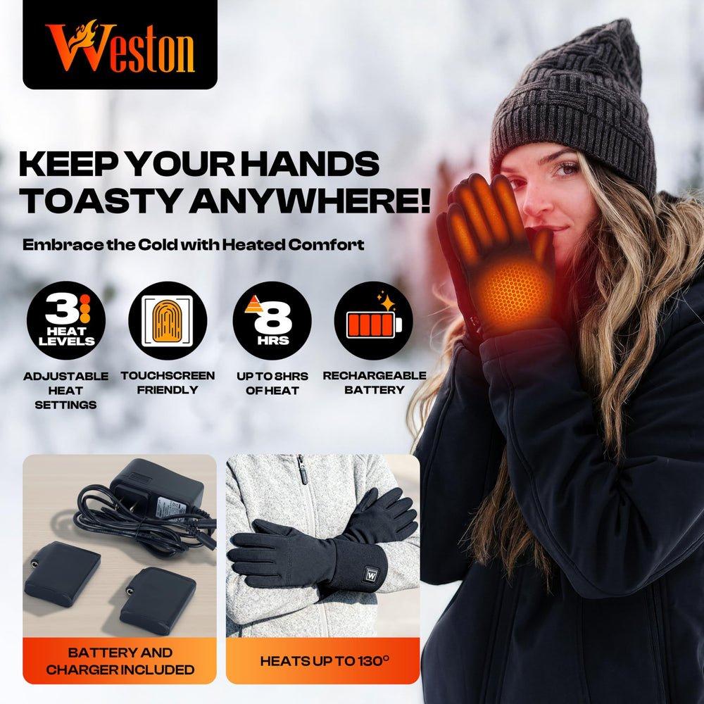 Weston heated glove liners interior view highlighting three heat settings for comfort.