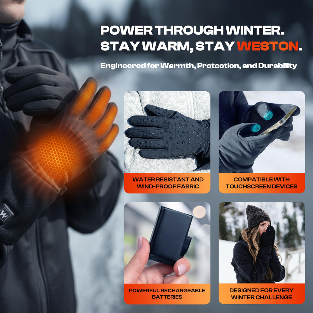 Weston heated glove liners fingertips enable touchscreen use during activities.