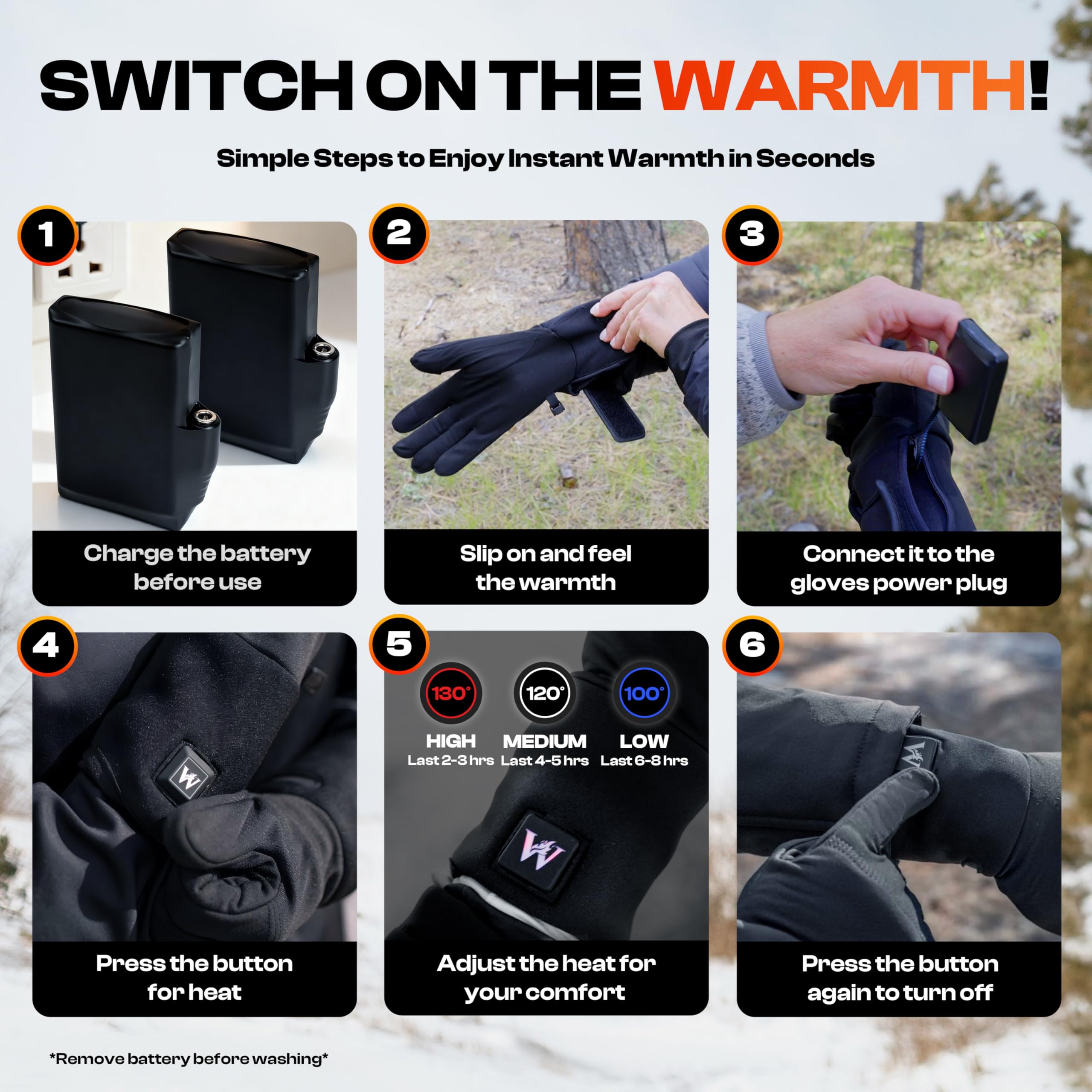 Weston heated glove liners waterproof exterior protecting hands in snow conditions.