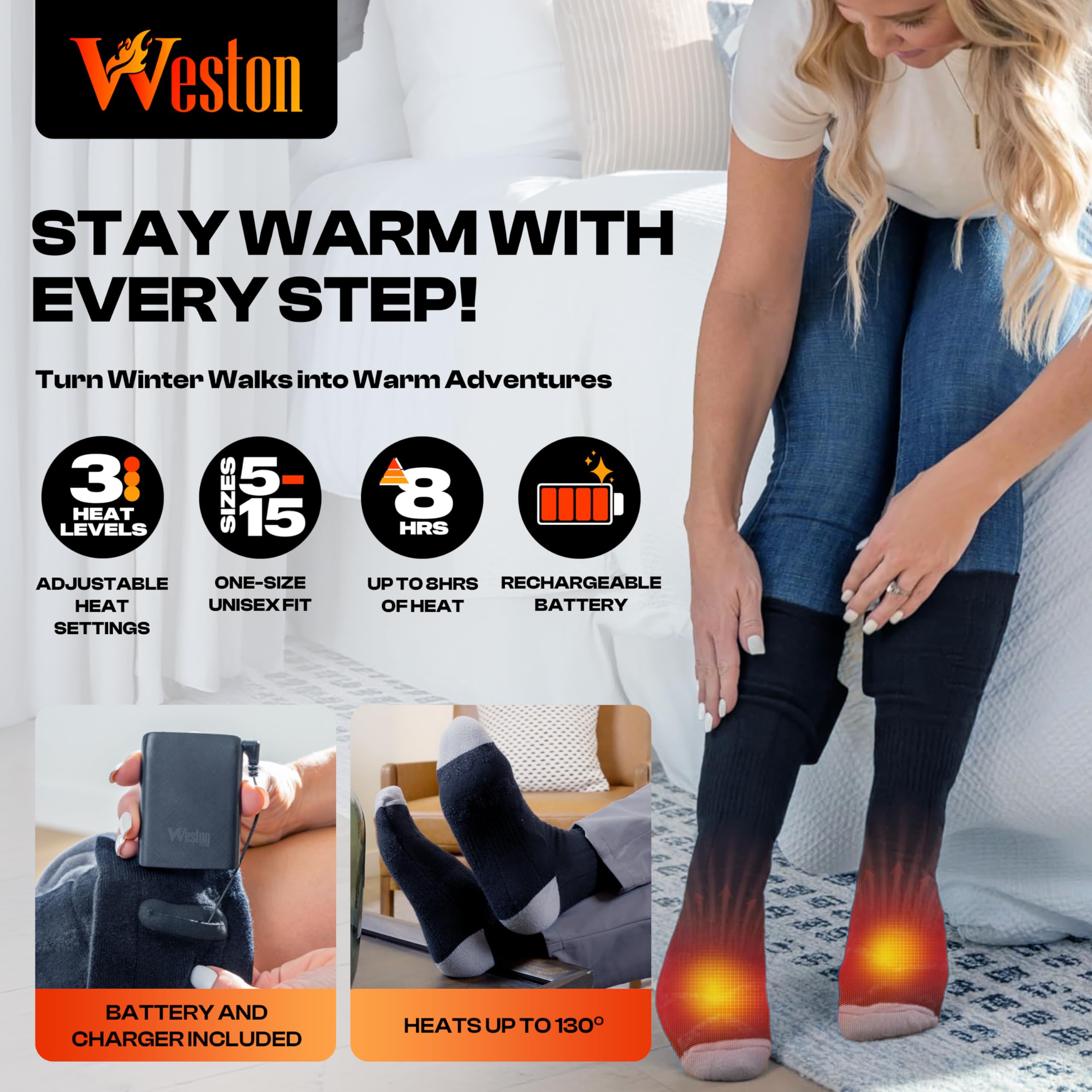 Weston heated socks battery compartment with removable batteries for quick recharge