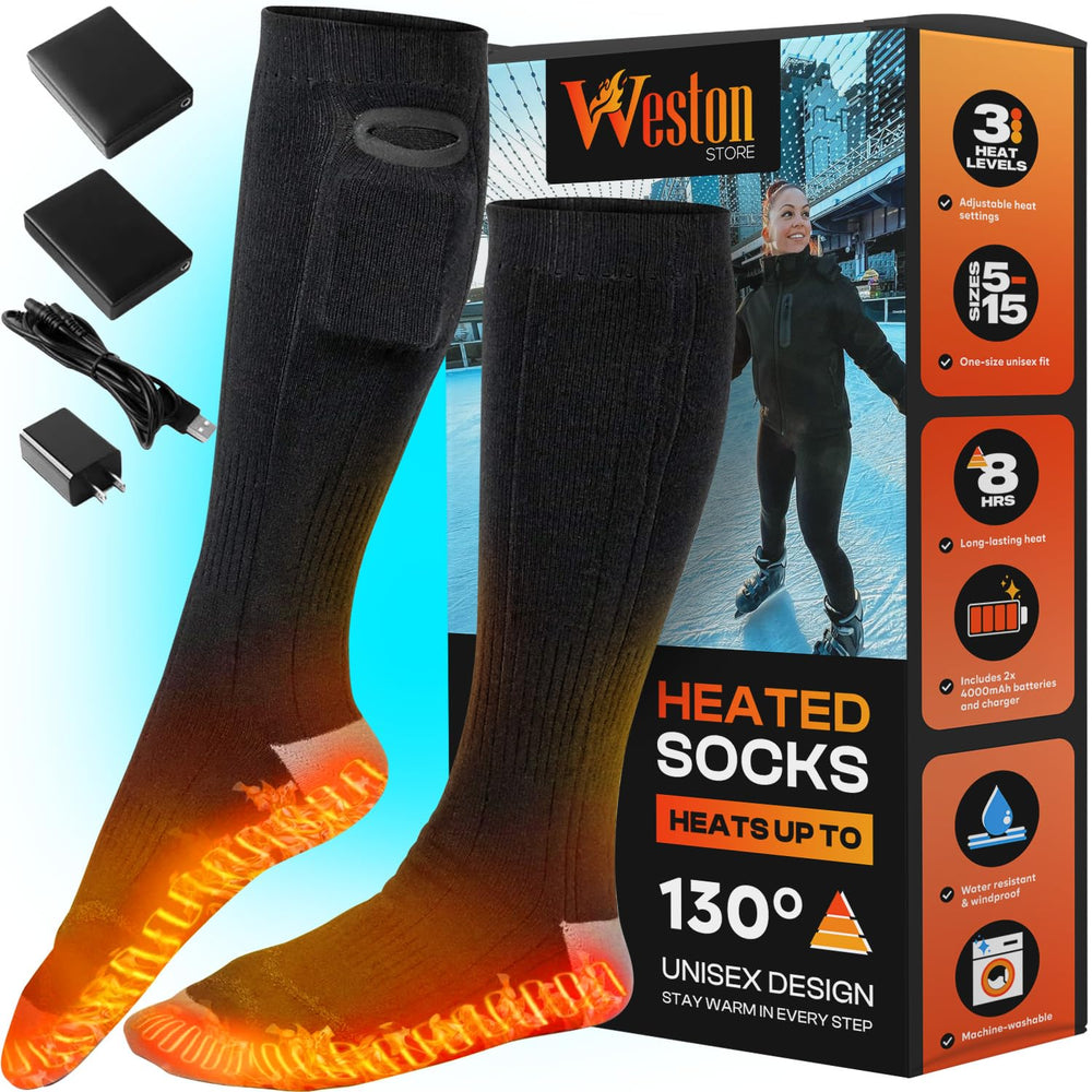 Weston heated socks packaging showing batteries for extended warmth