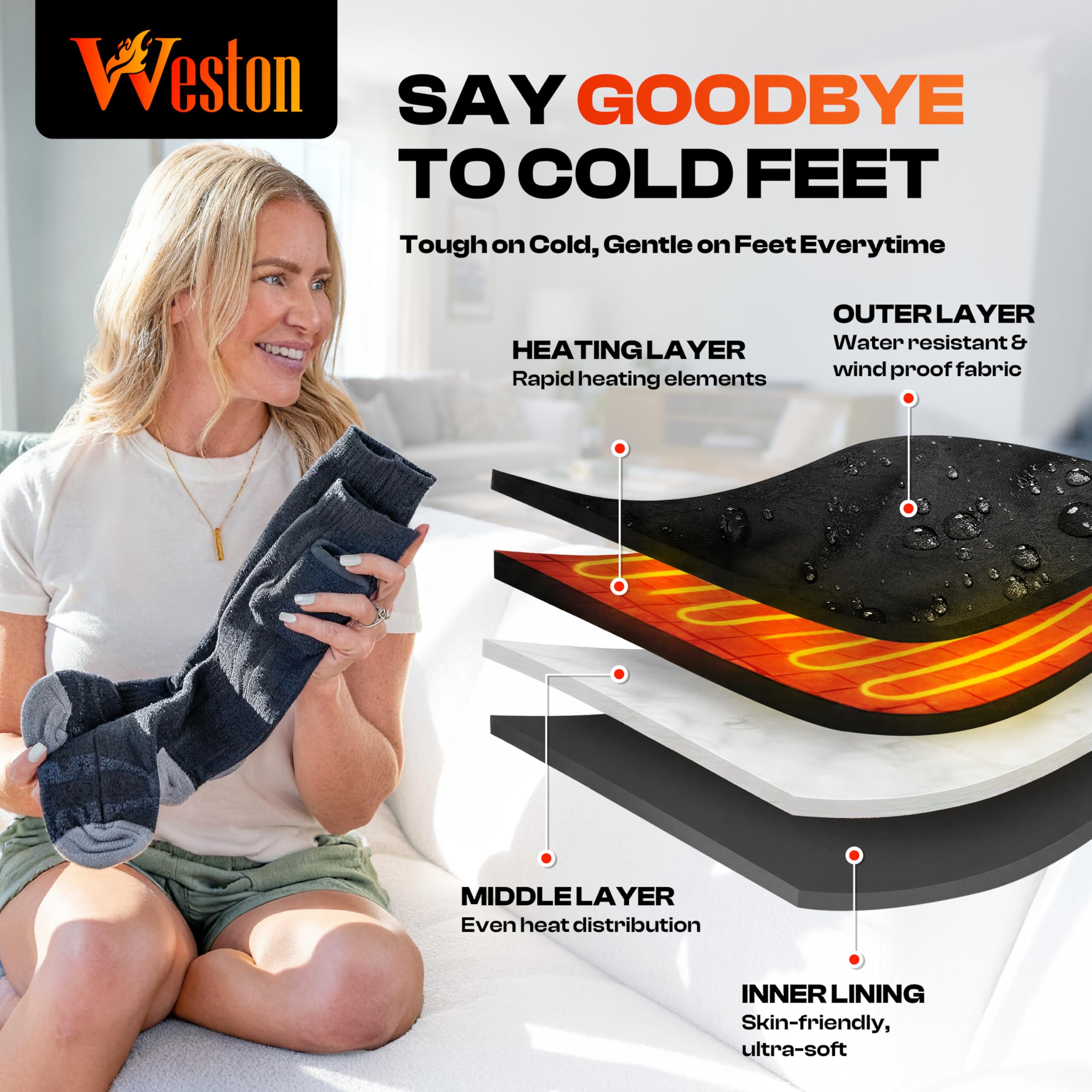Model wearing Weston heated socks highlighting full foot and lower-leg warmth