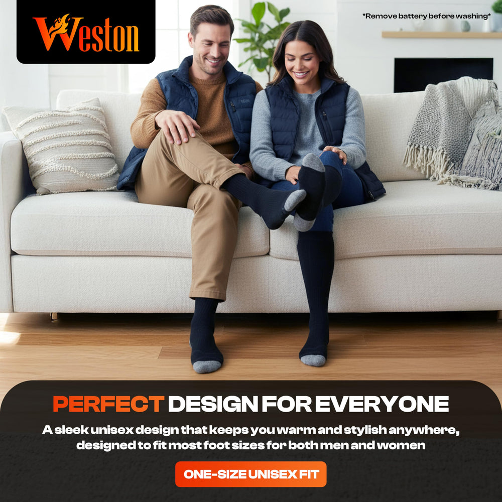 Weston heated socks used outdoors in snowy conditions for winter activities