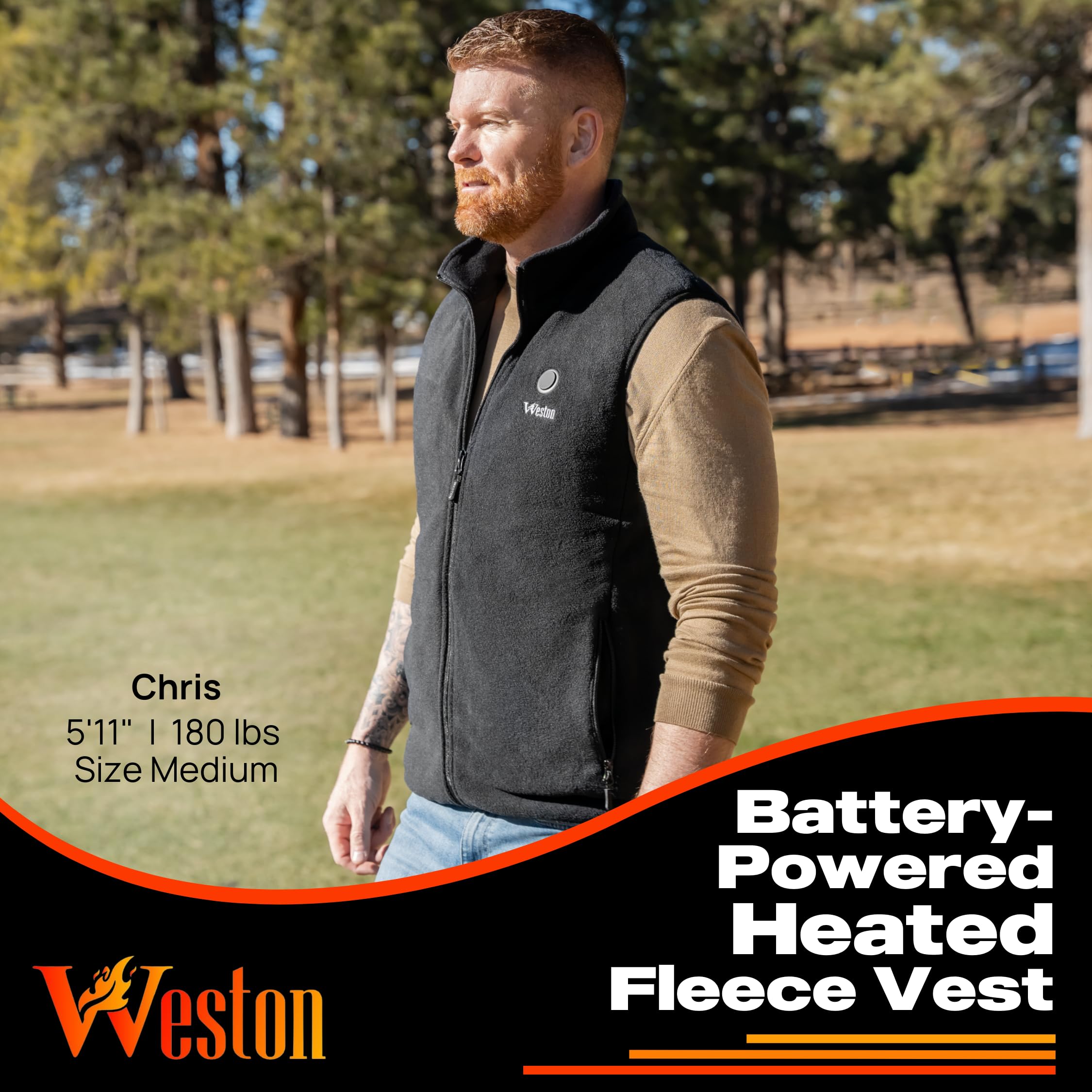 Weston Men's Heated Fleece Vest battery pack included for portable warmth on the go.