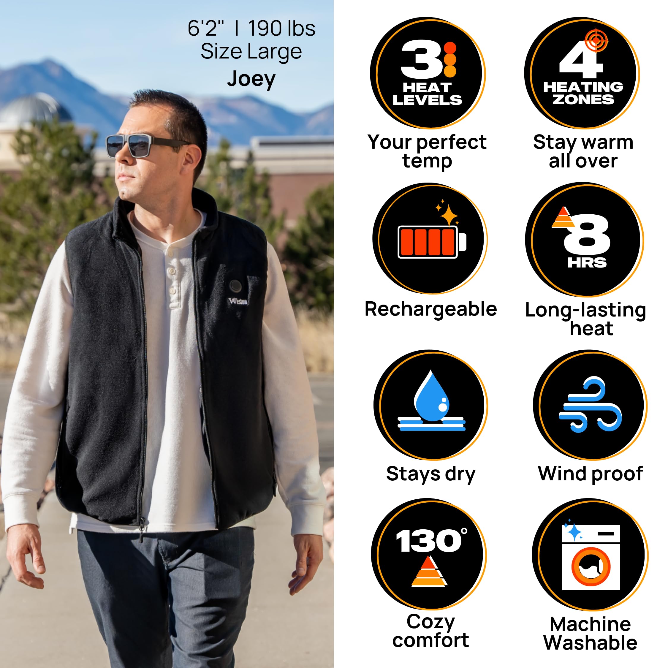Weston Men's Heated Fleece Vest four zones mapped to chest, back, and collar warmth.