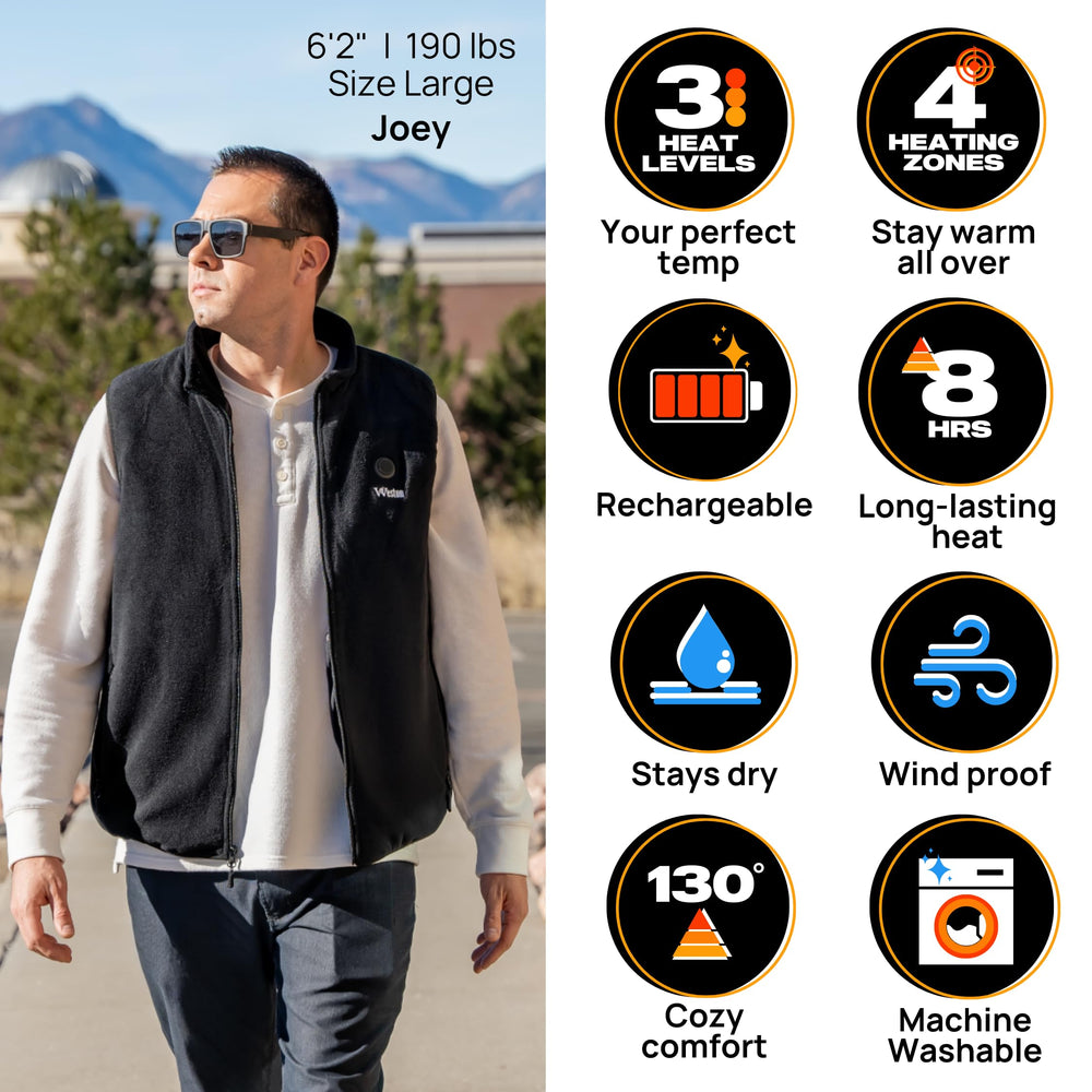 Weston Men's Heated Fleece Vest four zones mapped to chest, back, and collar warmth.