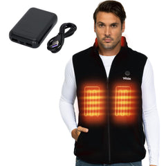 Weston Men's Heated Fleece Vest front view shows four heating zones for all-day warmth during outdoor activities.
