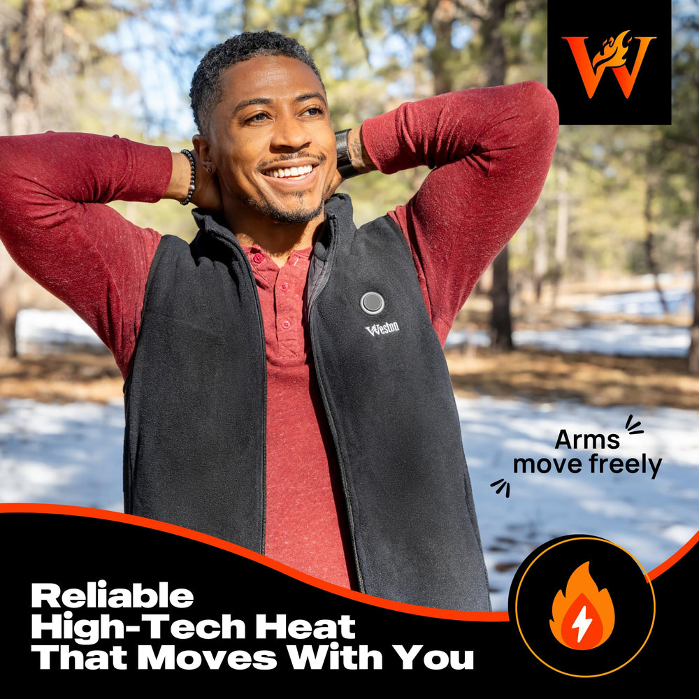 Weston Men's Heated Fleece Vest three temperature settings for adaptable warmth.