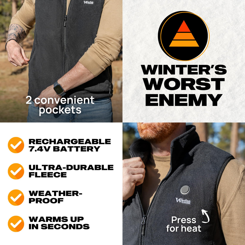 Weston Men's Heated Fleece Vest water-resistant fleece and sleek fit for daily wear.