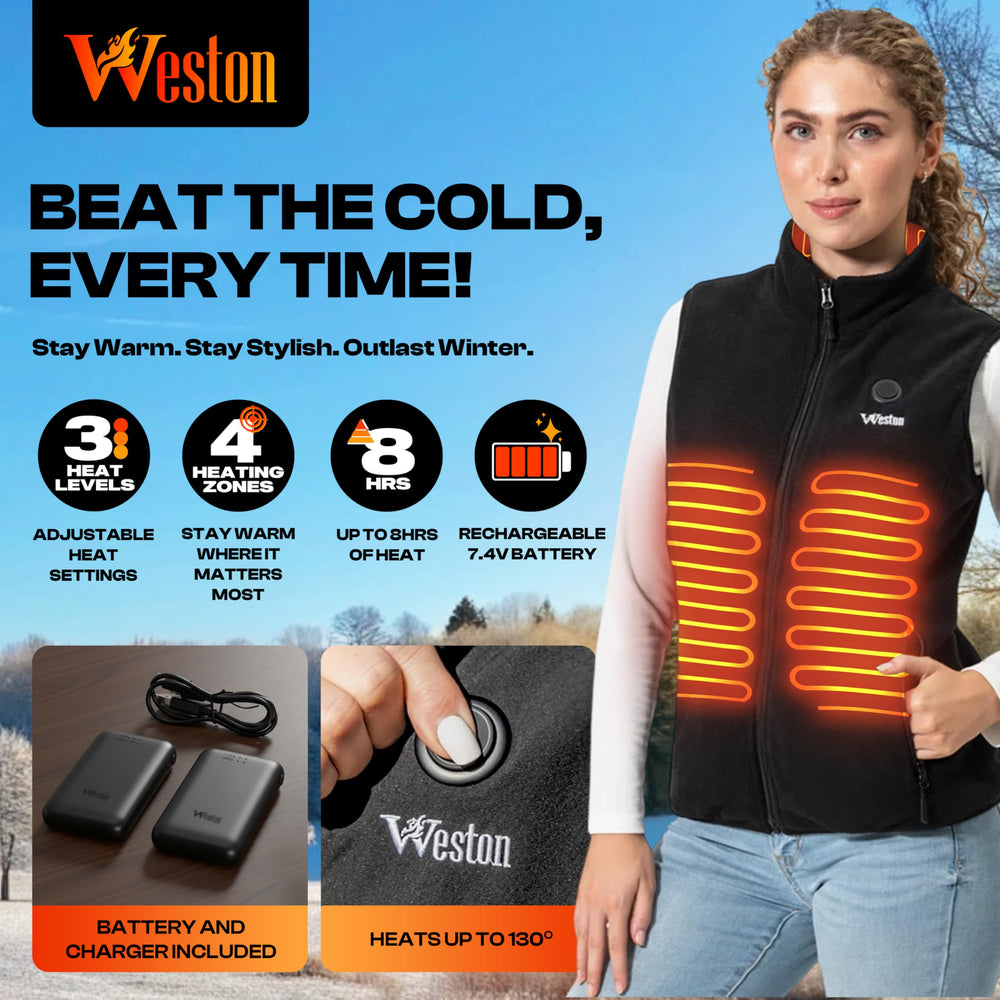 Weston Women’s Heated Fleece Vest highlighting four heating zones for core warmth.