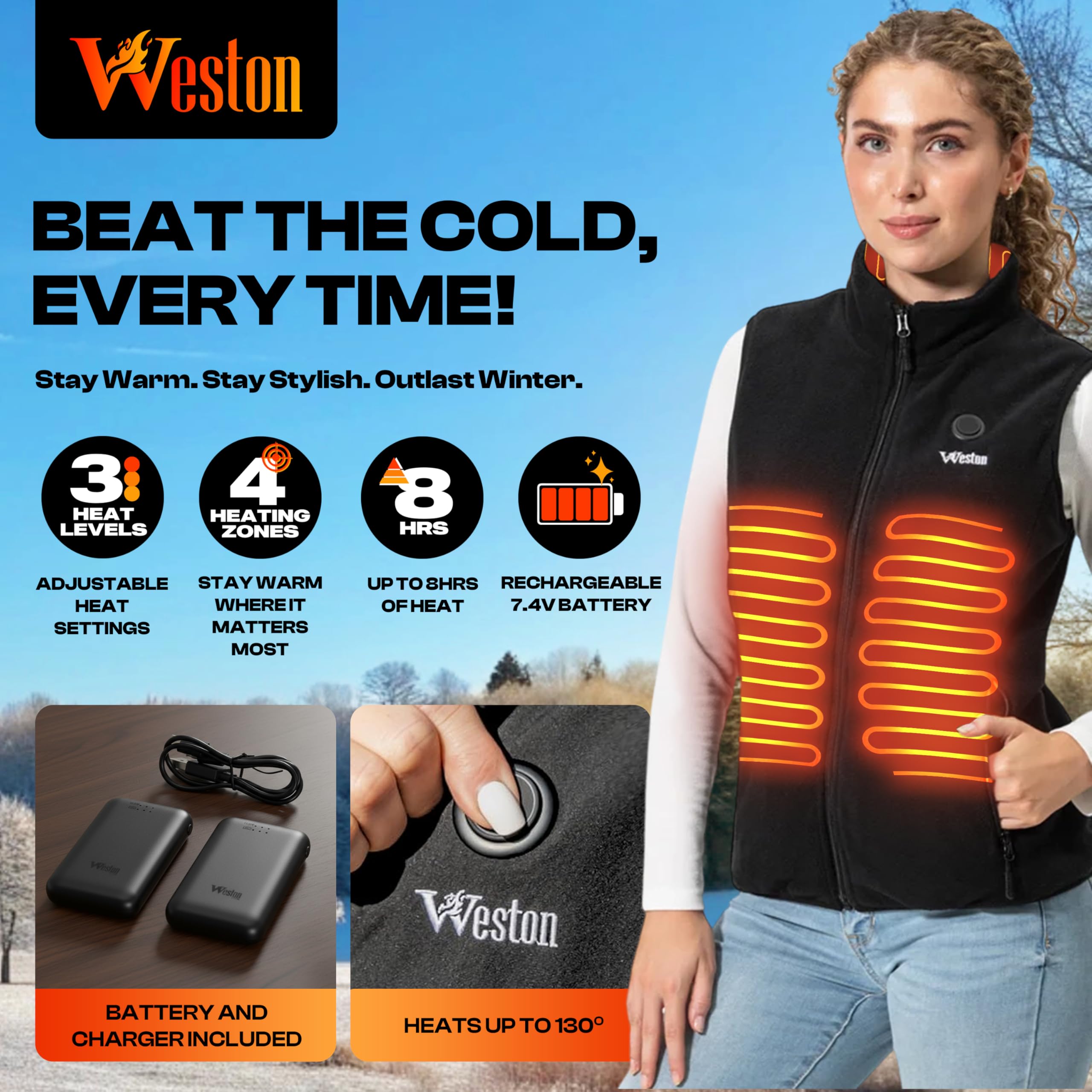 Weston heated fleece vest showing four heating zones for targeted warmth.