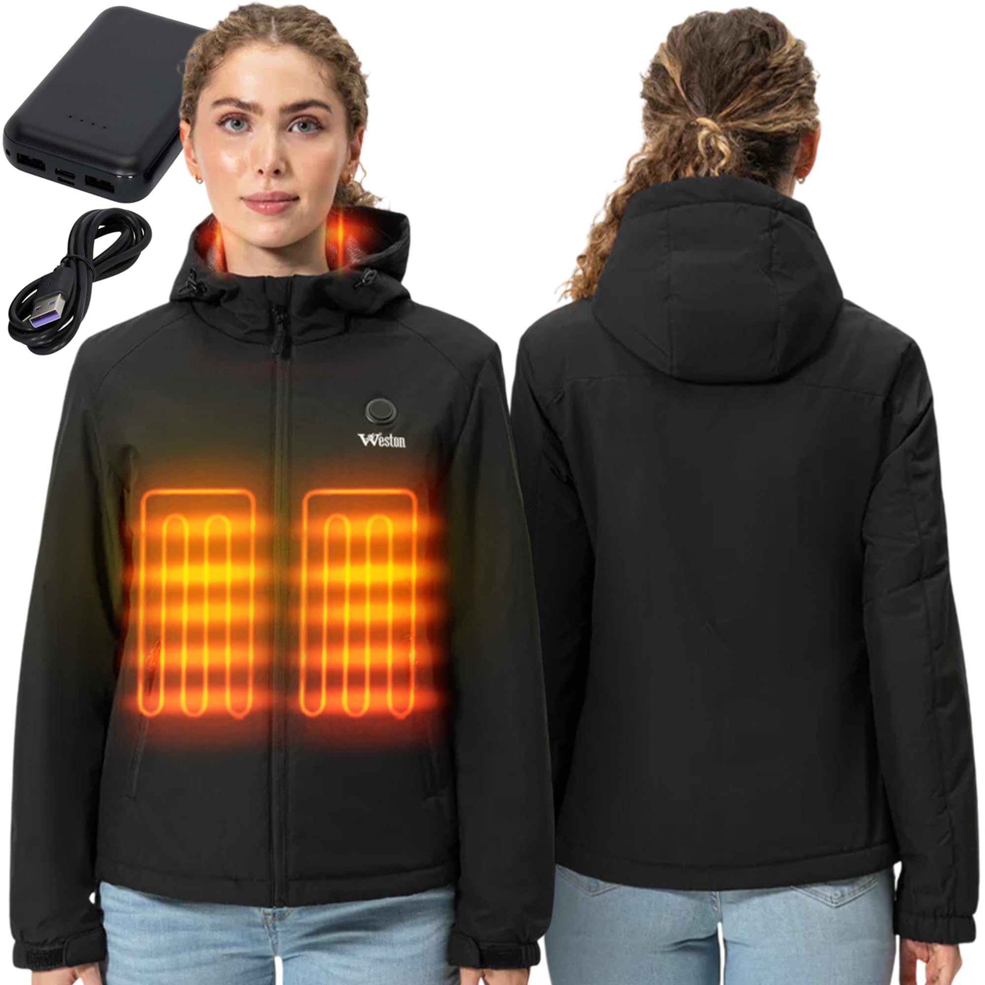 Weston Women’s Heated Jacket showing core-neck-back heat zones for customizable warmth on chilly commutes