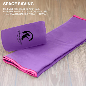 Wet Work towel travel-pack-ready in bag for on-the-go drying.