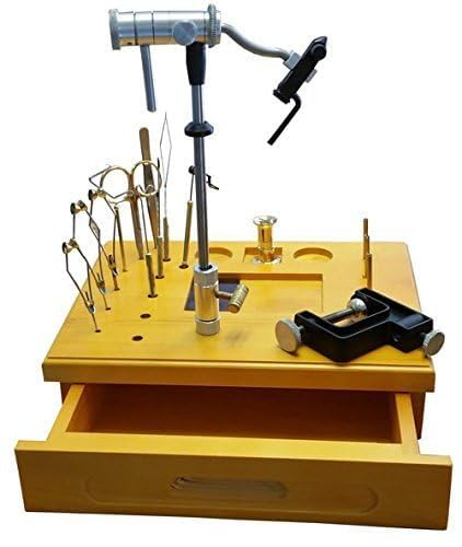 WetFly wooden fly tying station side view showing tool receptacles for organized work.