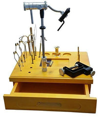 WetFly wooden fly tying station side view showing tool receptacles for organized work.