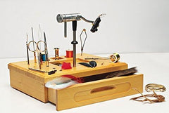 WetFly wooden fly tying station top view highlighting spacious drawer and vise socket.