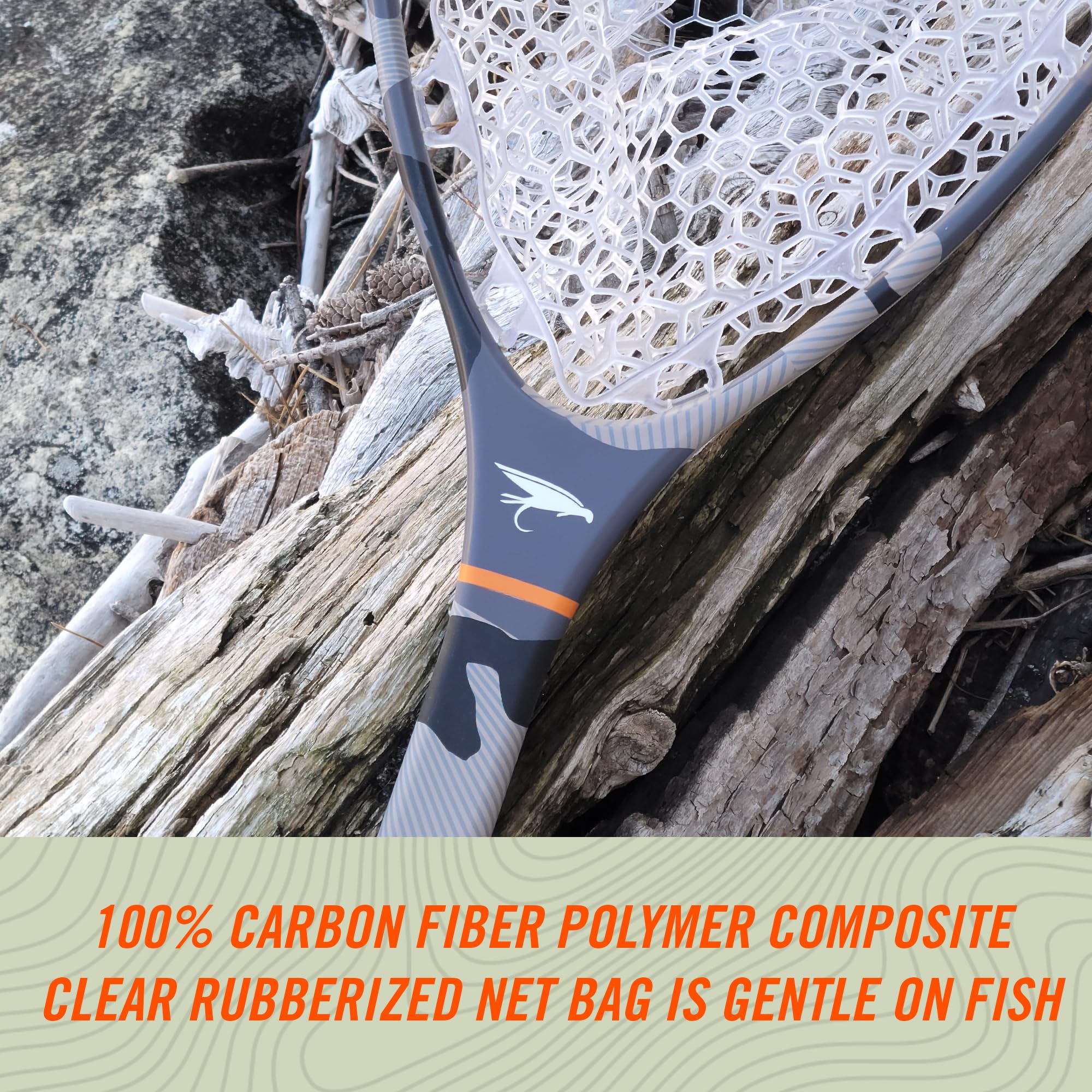 Close-up of fish-friendly rubber netting on WETFLY carbon fiber net