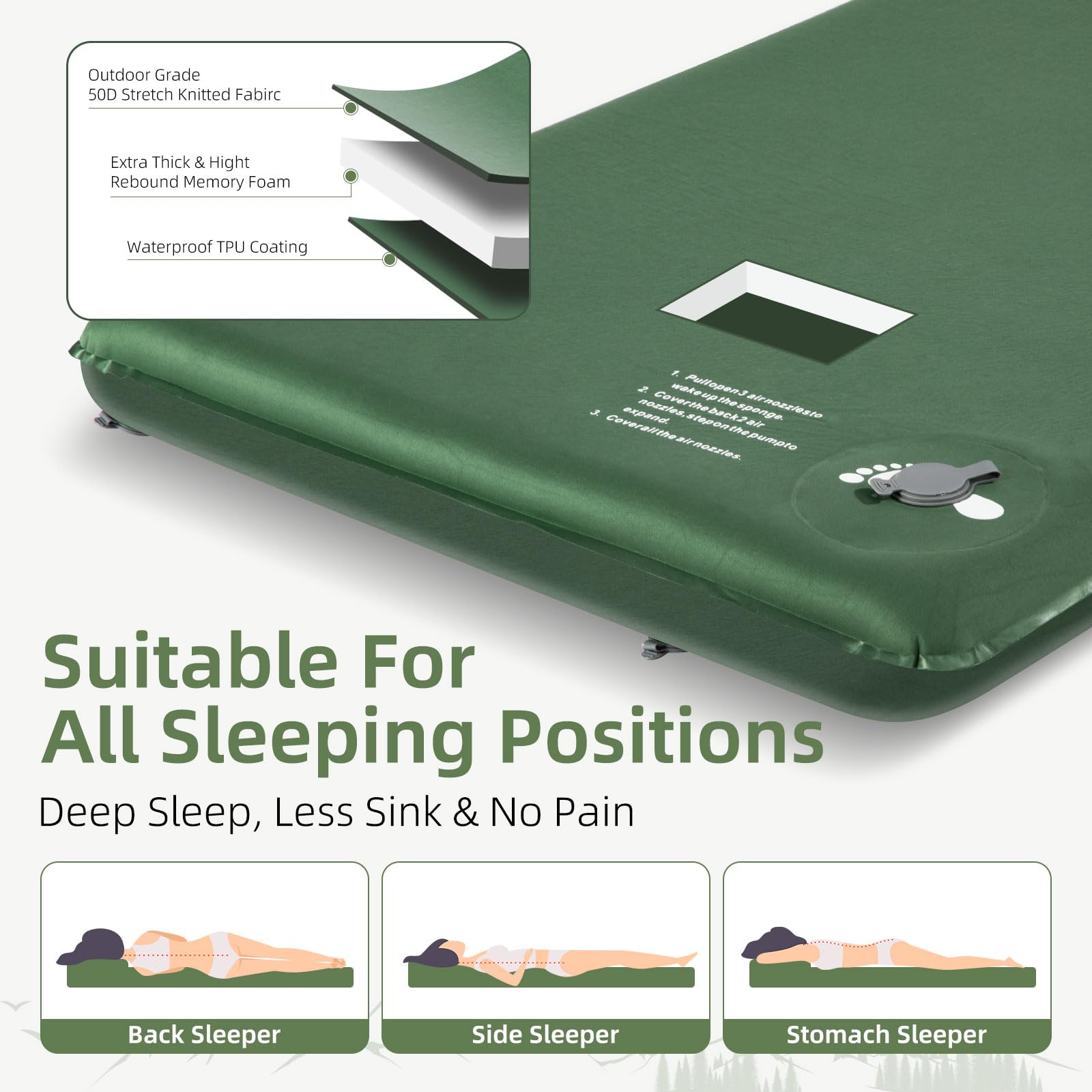 Wevelel Memory Sleeping Pad displays a 3.1-inch thickness keeping you off the ground.