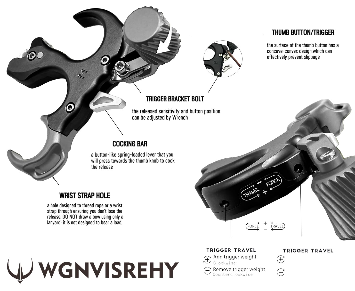 WGNV bow release with wrist-strap shown for secure practice sessions.
