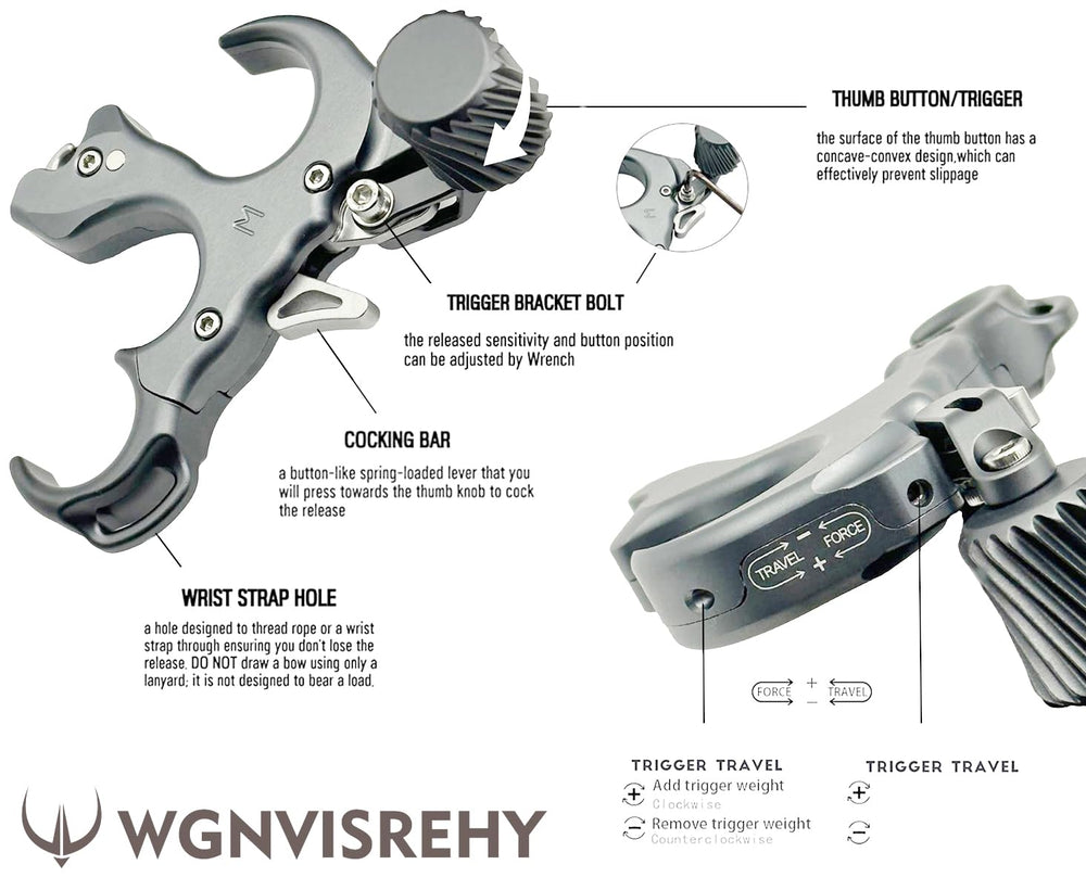 WGNVISREHY bow release thumb-button shows smooth actuation for precise aiming.