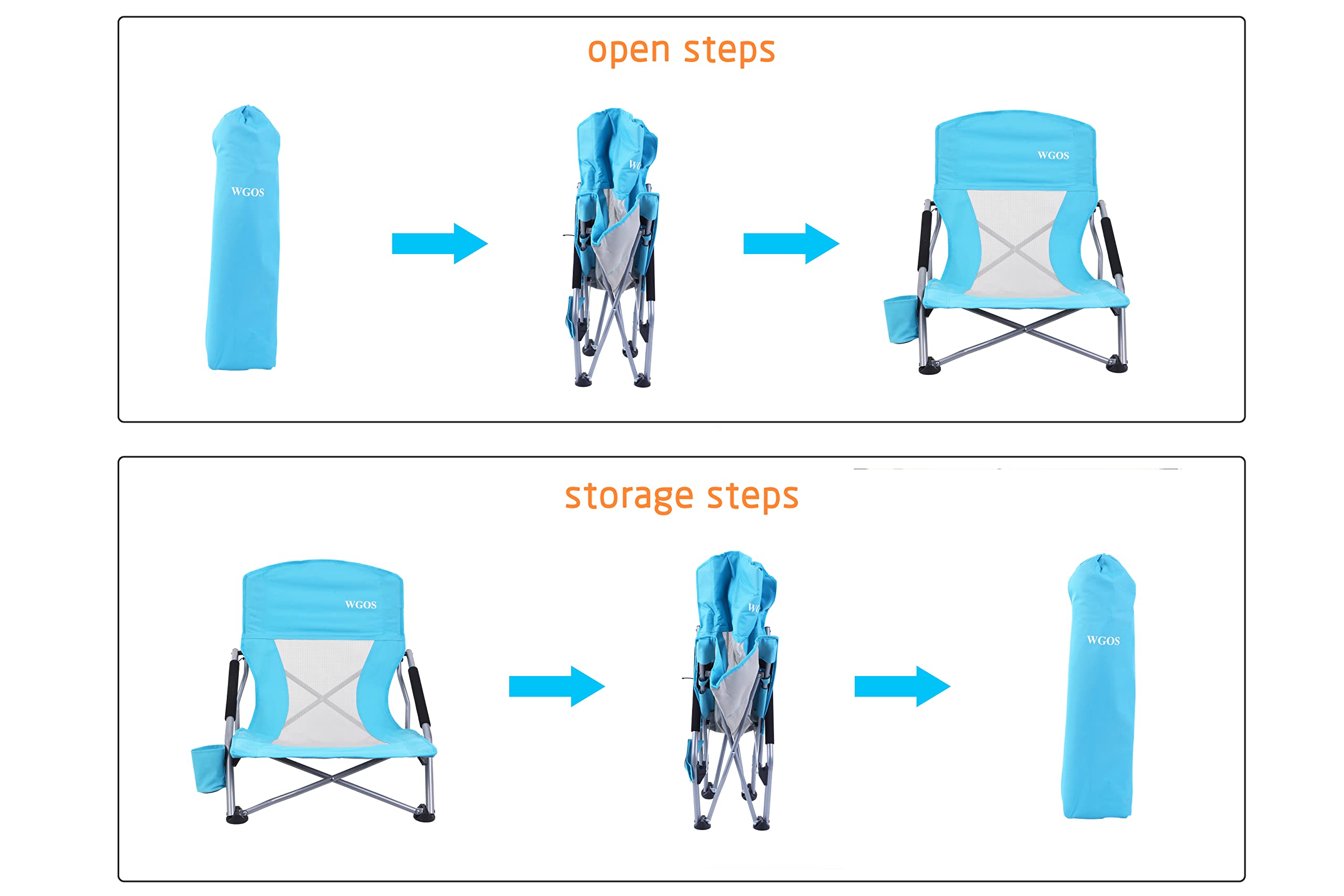 WGOS compact folding chair fits small spaces when folded in blue.