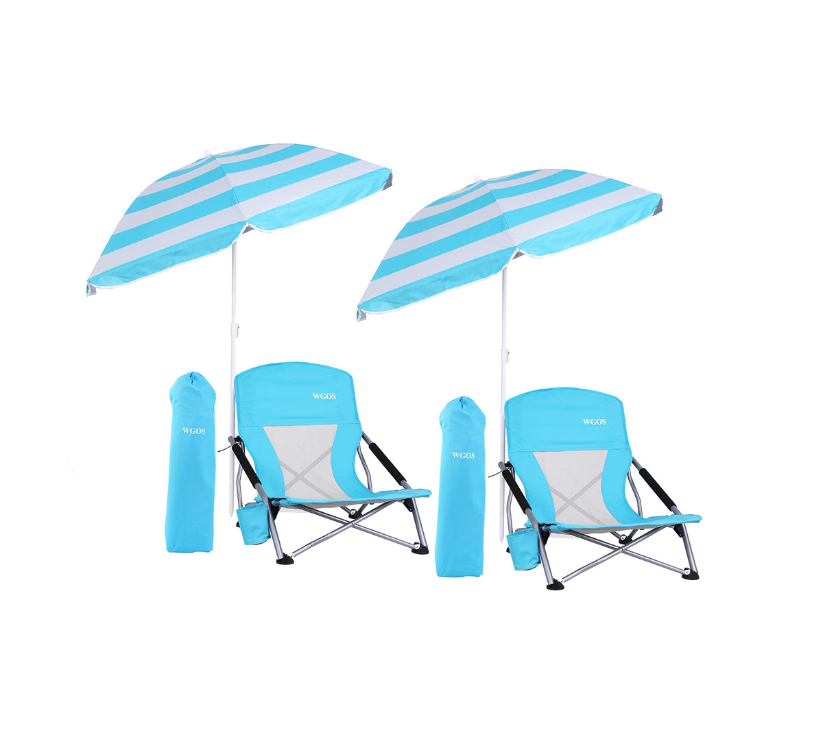 WGOS beach chair with tilted blue umbrella providing shaded comfort.