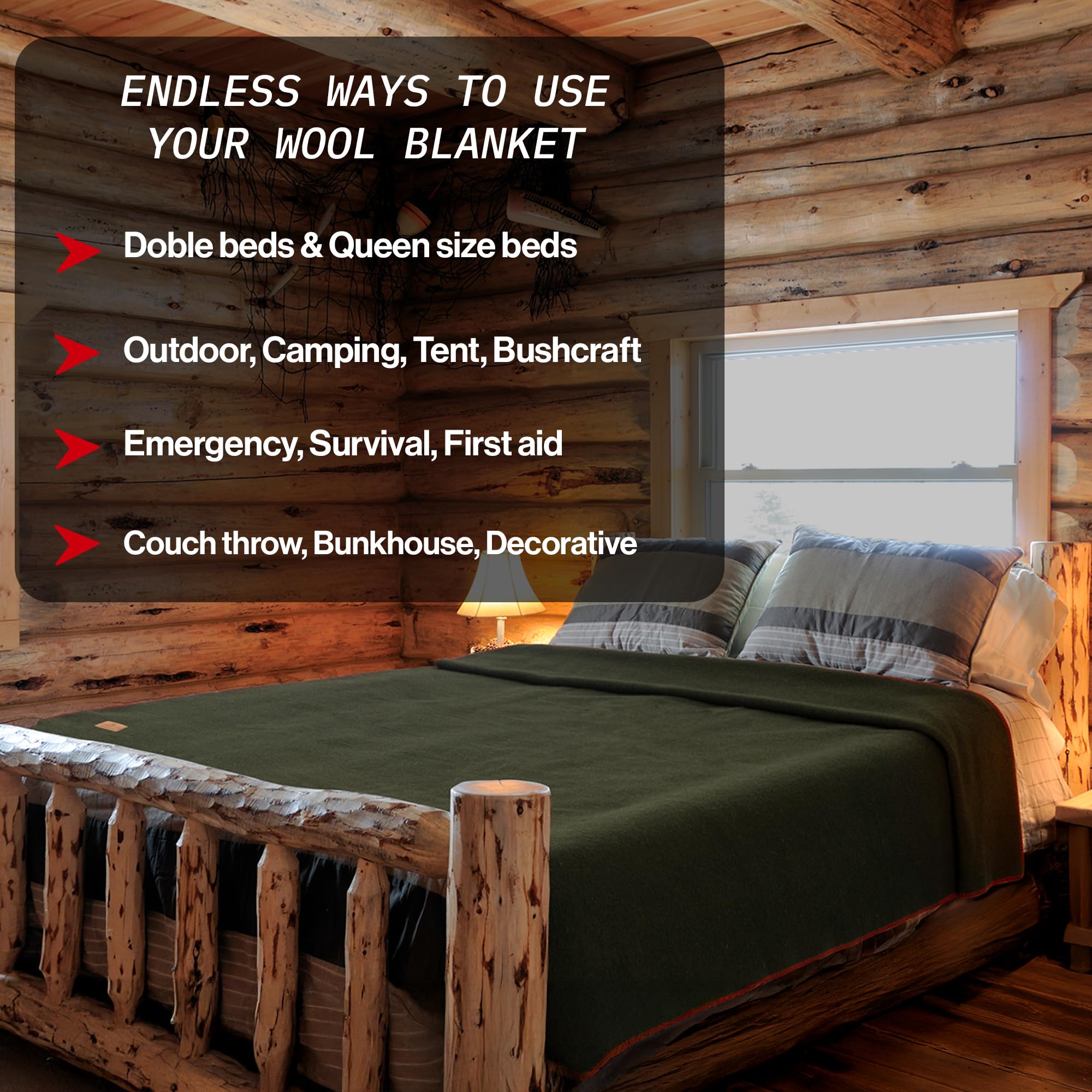 Whispering Winds 100% Wool Blanket military-green base with orange stitching for rugged decor.