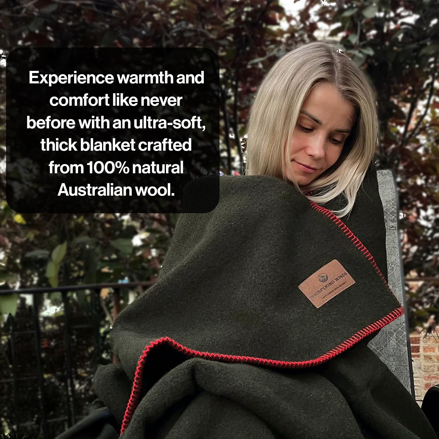 Whispering Winds 100% Wool Blanket wash-and-care features water resistance and easy maintenance.