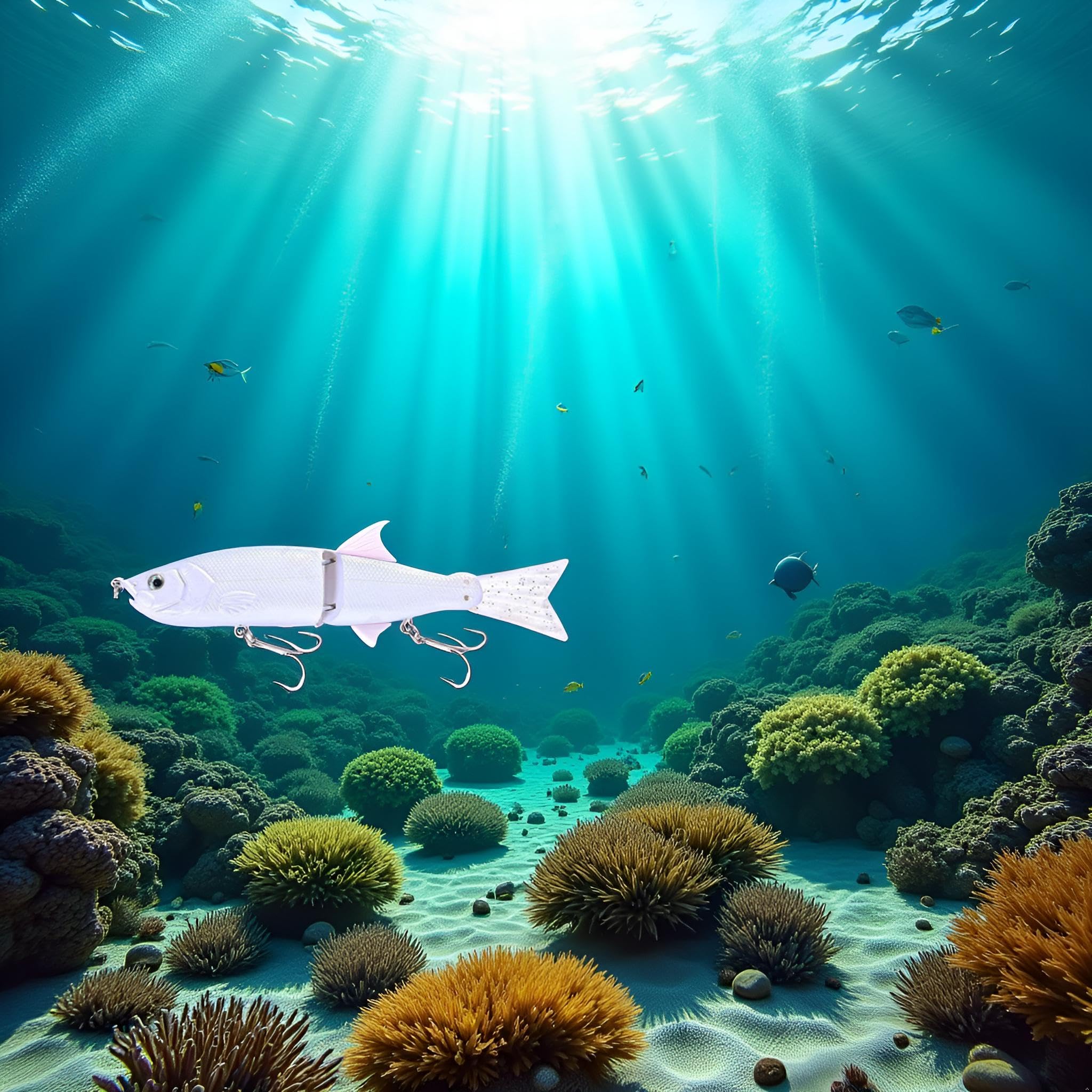 Realistic swimming motion depicted on white swimbait