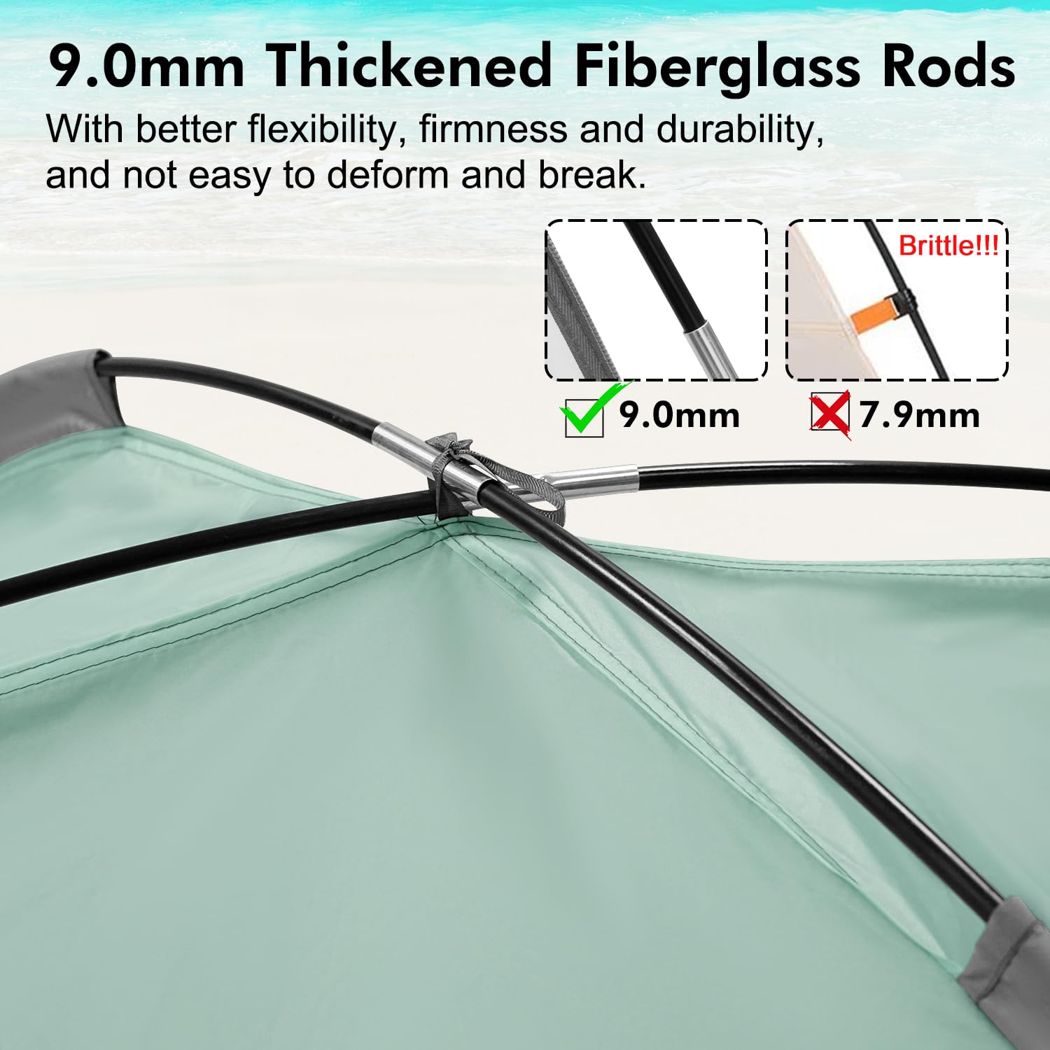 WhiteFang Beach Tent 9mm fiberglass rods offer sturdy, flexible support