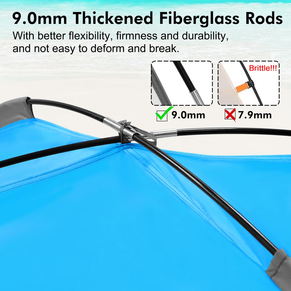 WhiteFang Beach Tent shows 9mm rods for sturdy support at the beach