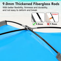 WhiteFang Beach Tent shows 9mm rods for sturdy support at the beach