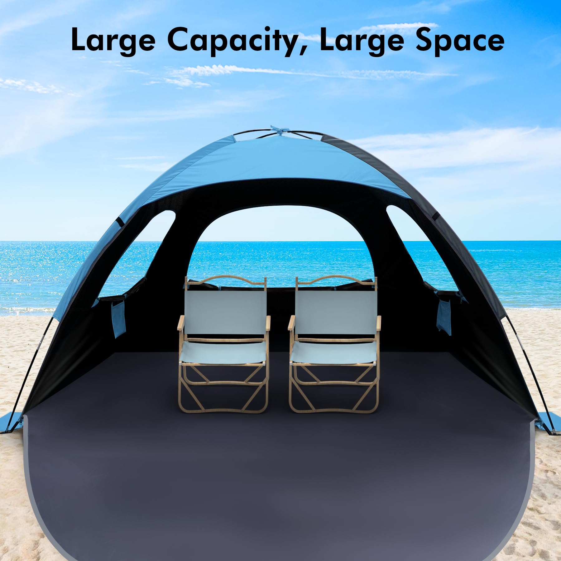 WhiteFang Beach Tent blue 9-0mm rods providing sturdy stability in windy conditions