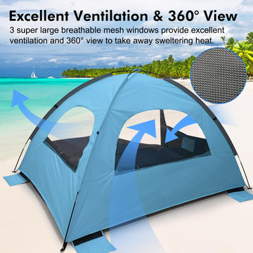 WhiteFang Beach Tent blue windproof setup with stakes and guylines for reliable anchoring