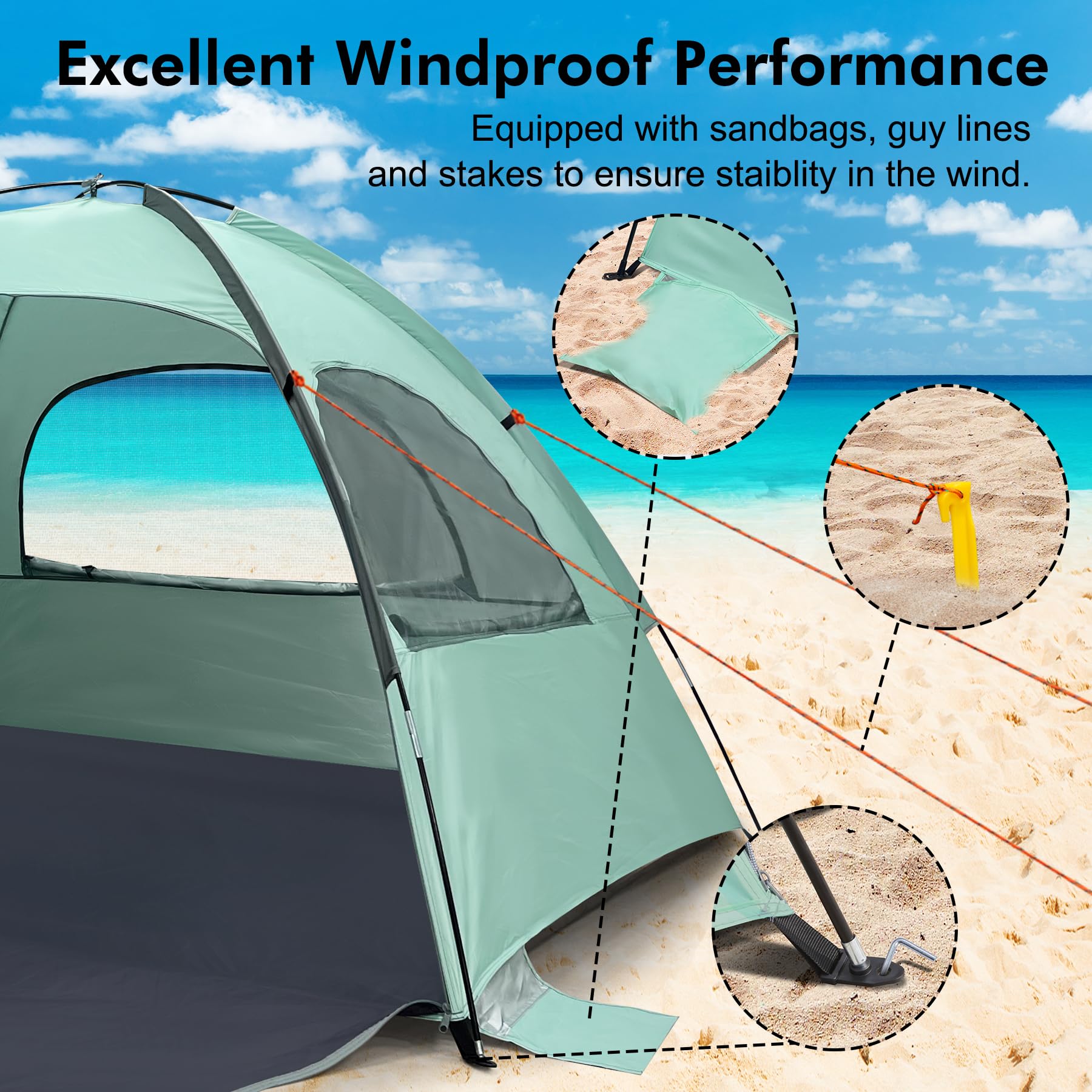 WhiteFang Beach Tent extended front floor increases room for gear and kids.