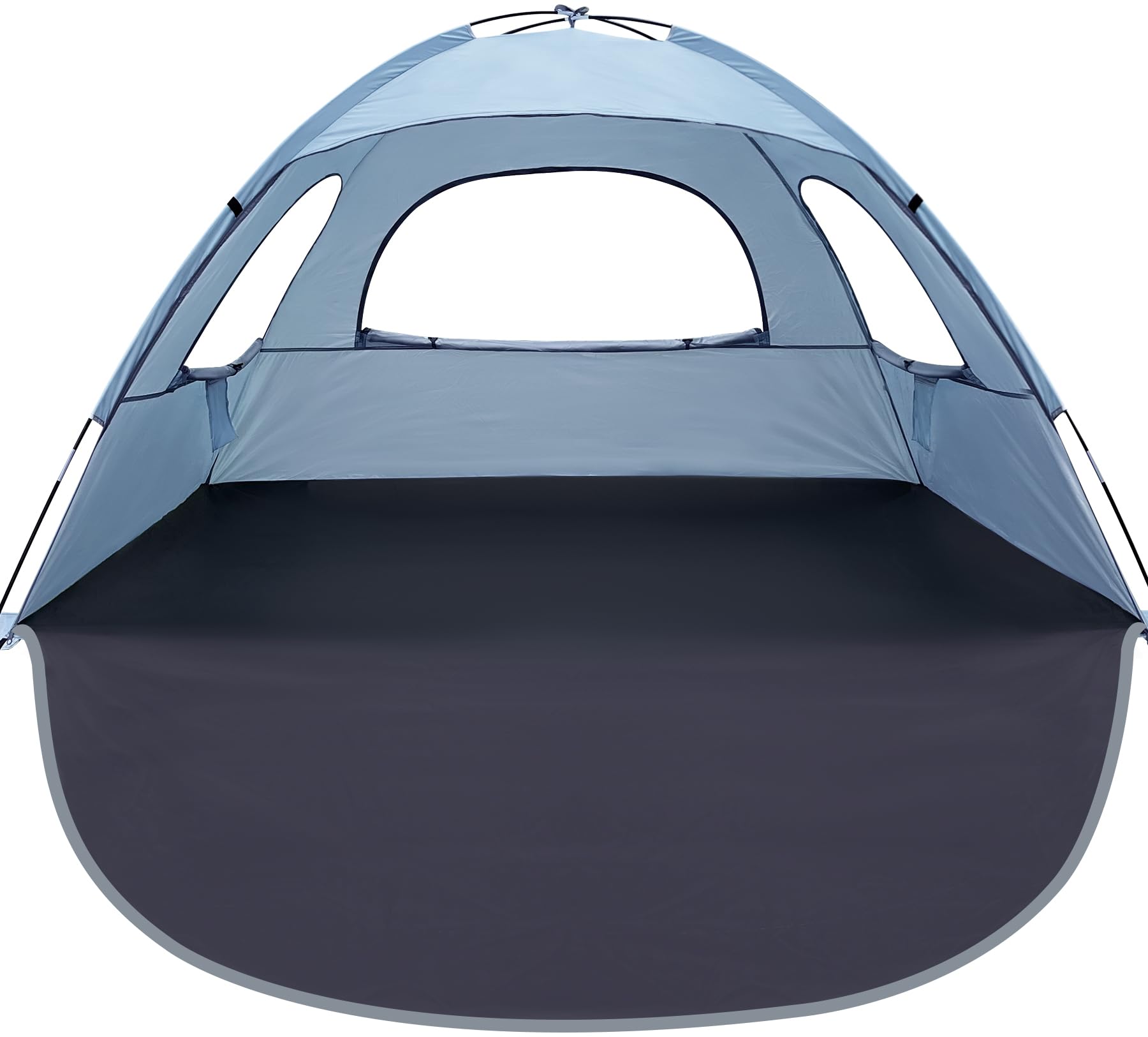 WhiteFang Beach Tent Sierra Blue front view showcases a sturdy structure and family-friendly shade for a comfortable seaside day.